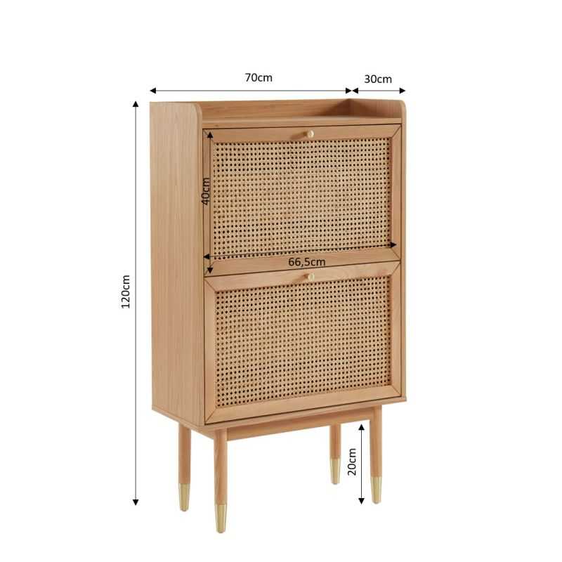 Meuble à chaussures LEON placage chêne et cannage rotin