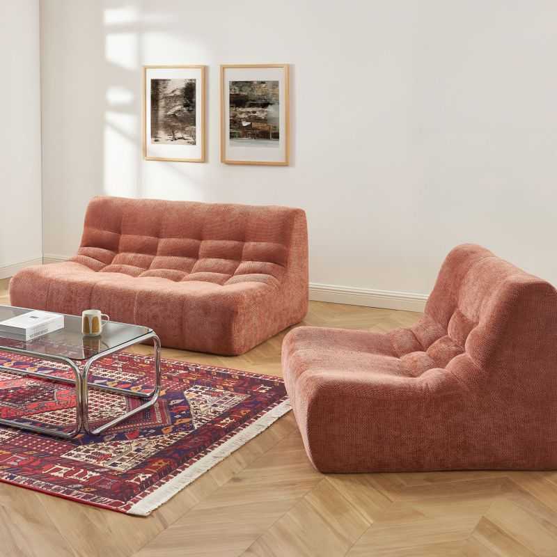 Ensemble banquette et chauffeuse JANIS modulable 3 places tissu chenille terracotta