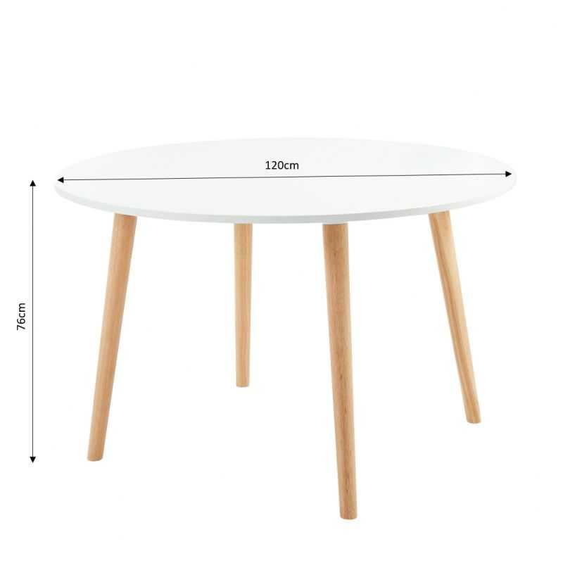 Table à manger ORATELLO ronde blanc mat pieds en bois massif 120cm