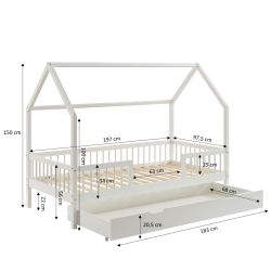 Lit cabane avec barrières TINY 90x190cm pin massif blanc sommier + tiroir inclus
