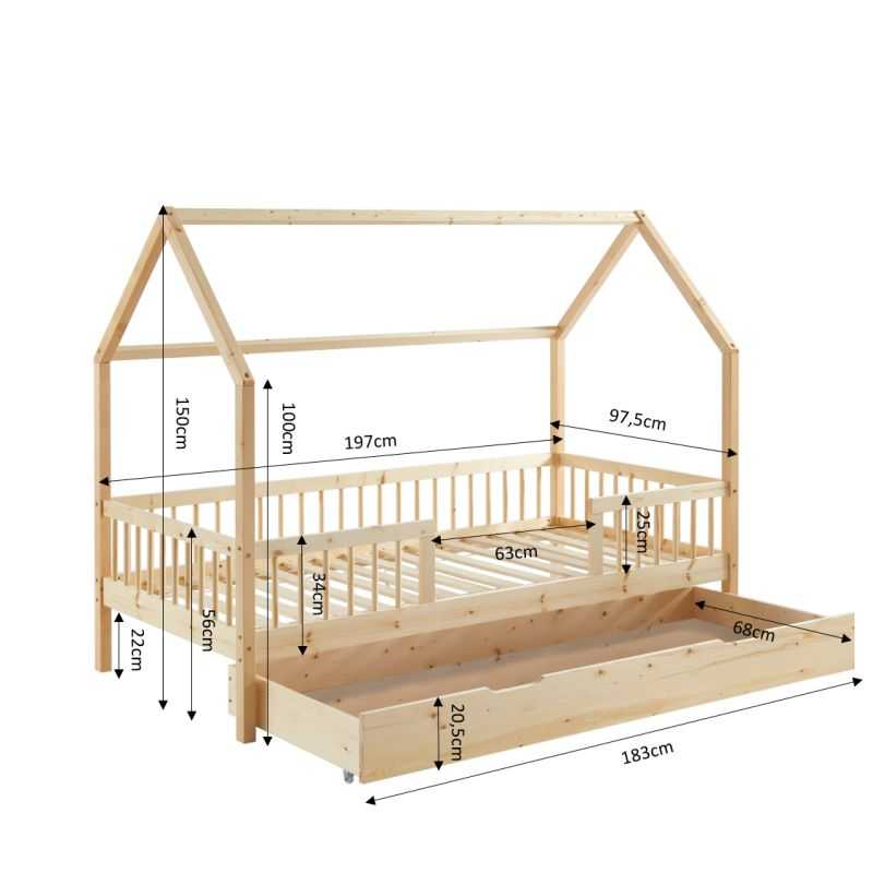 Lit cabane avec barrières TINY 90x190 pin massif sommier + tiroir inclus