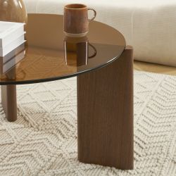 Table basse OLIE verre trempé caramel et placage noyer 75cm