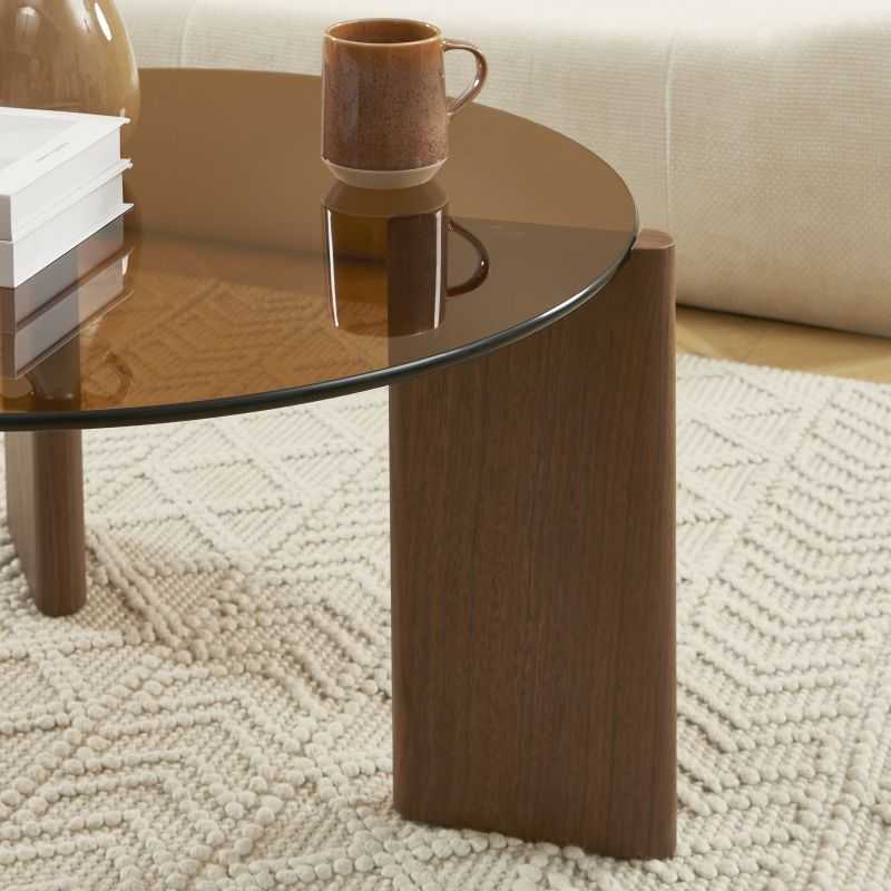 Table basse OLIE verre trempé caramel et placage noyer 75cm