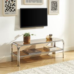 Meuble TV MAGGY verre trempé orange foncé et structure en chrome