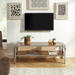 Meuble TV MAGGY verre trempé orange foncé et structure en chrome