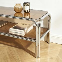 Meuble TV MAGGY verre trempé orange foncé et structure en chrome