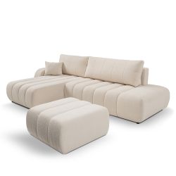 Canapé d'angle gauche convertible BELEM 4/5 places tissu bouclette écru
