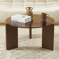 Table basse OLIE verre trempé caramel et placage noyer 75cm