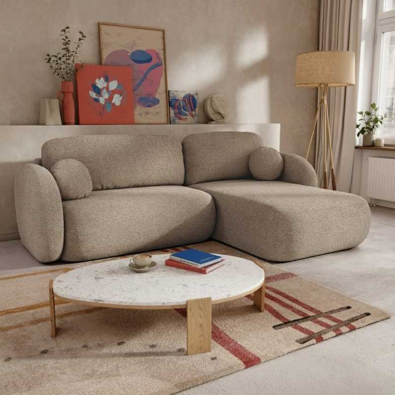 Canapé d'angle droit convertible CARLOTTA 4 places tissu bouclette taupe