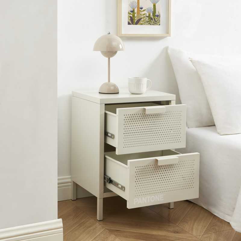 Table de chevet PANTONE métal beige sable double tiroirs 40cm