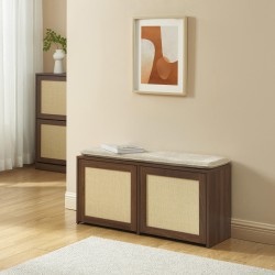 Banc à chaussures HARIA effet noyer et rotin