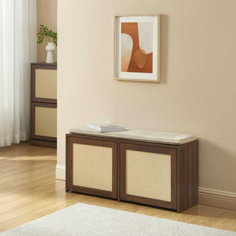 Banc à chaussures HARIA effet noyer et rotin