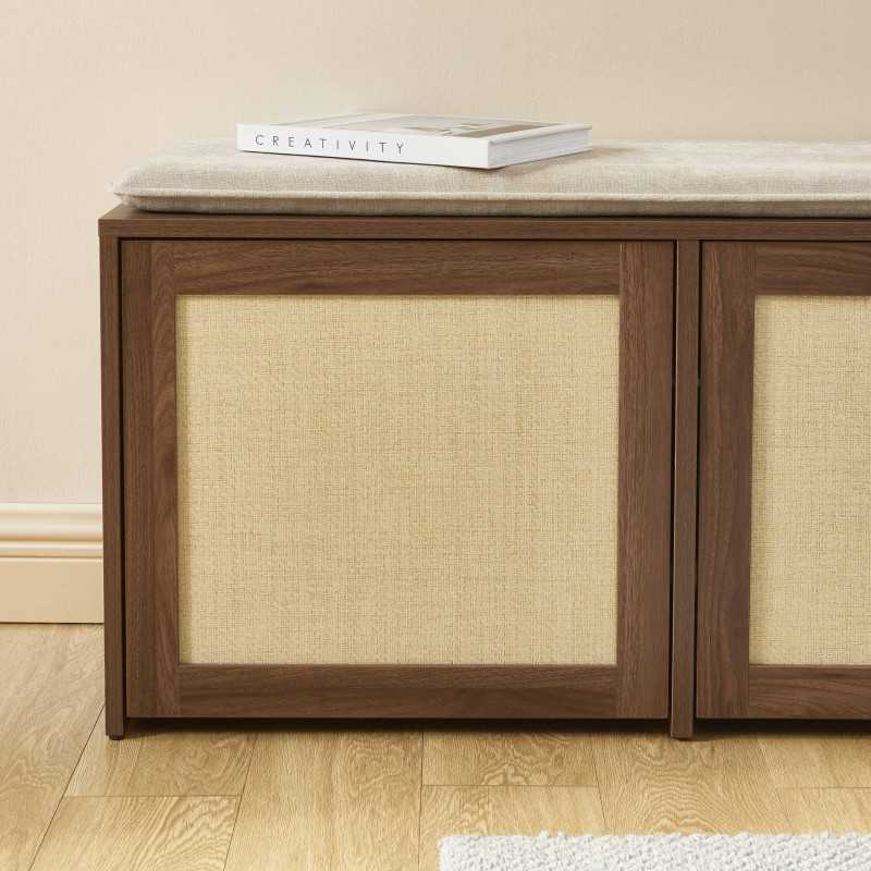 Banc à chaussures HARIA effet noyer et rotin