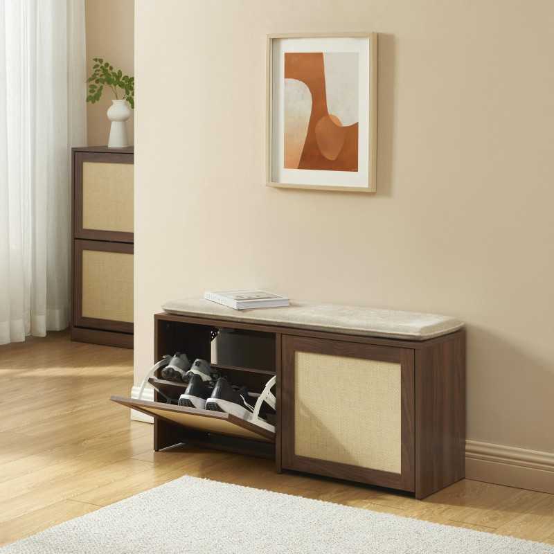 Banc à chaussures HARIA effet noyer et rotin