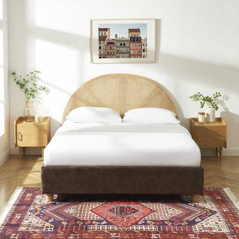 Lit coffre TSUKI velours côtelé marron cannage sommier 160x200 inclus