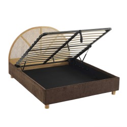 Lit coffre TSUKI velours côtelé marron cannage sommier 160x200 inclus
