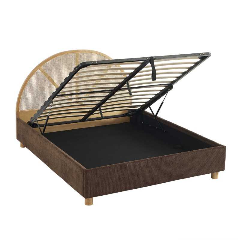 Lit coffre TSUKI velours côtelé marron cannage sommier 160x200 inclus