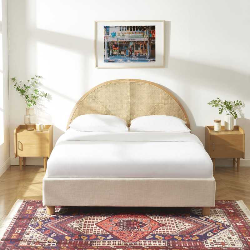 Lit coffre TSUKI tissu beige lin cannage sommier 160x200 inclus