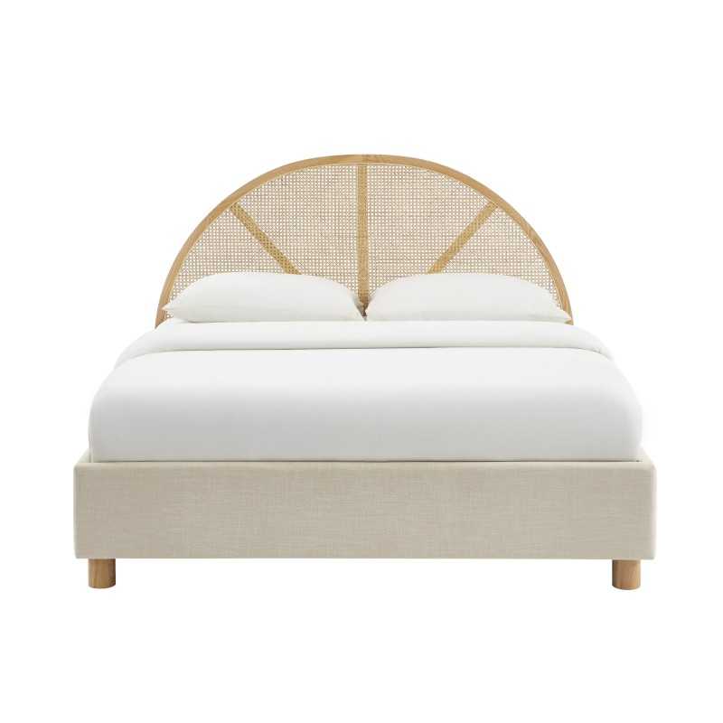 Lit coffre TSUKI tissu beige lin cannage sommier 160x200 inclus