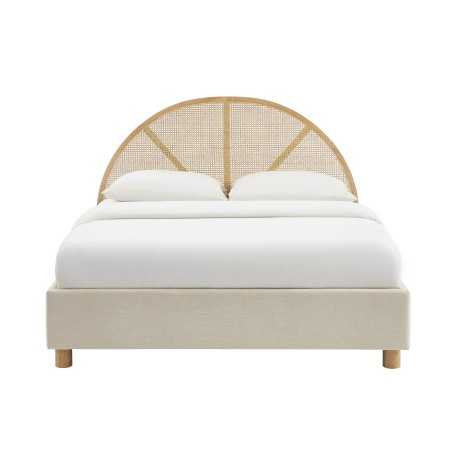 Lit coffre TSUKI tissu beige lin cannage sommier 160x200 inclus