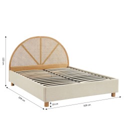 Lit coffre TSUKI tissu beige lin cannage sommier 160x200 inclus