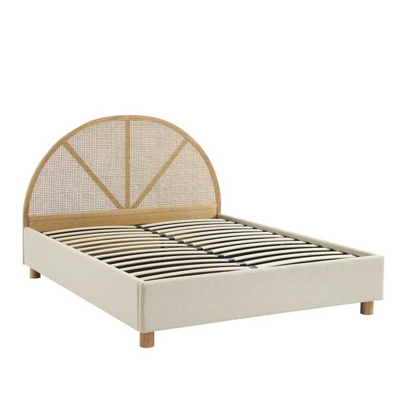 Lit coffre TSUKI tissu beige lin cannage sommier 160x200 inclus