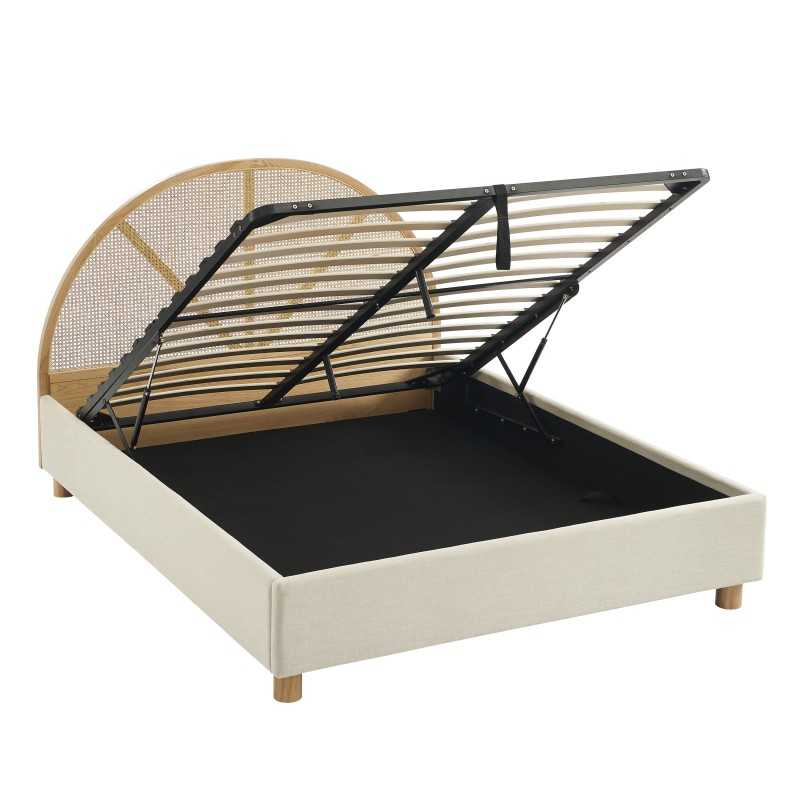 Lit coffre TSUKI tissu beige lin cannage sommier 160x200 inclus