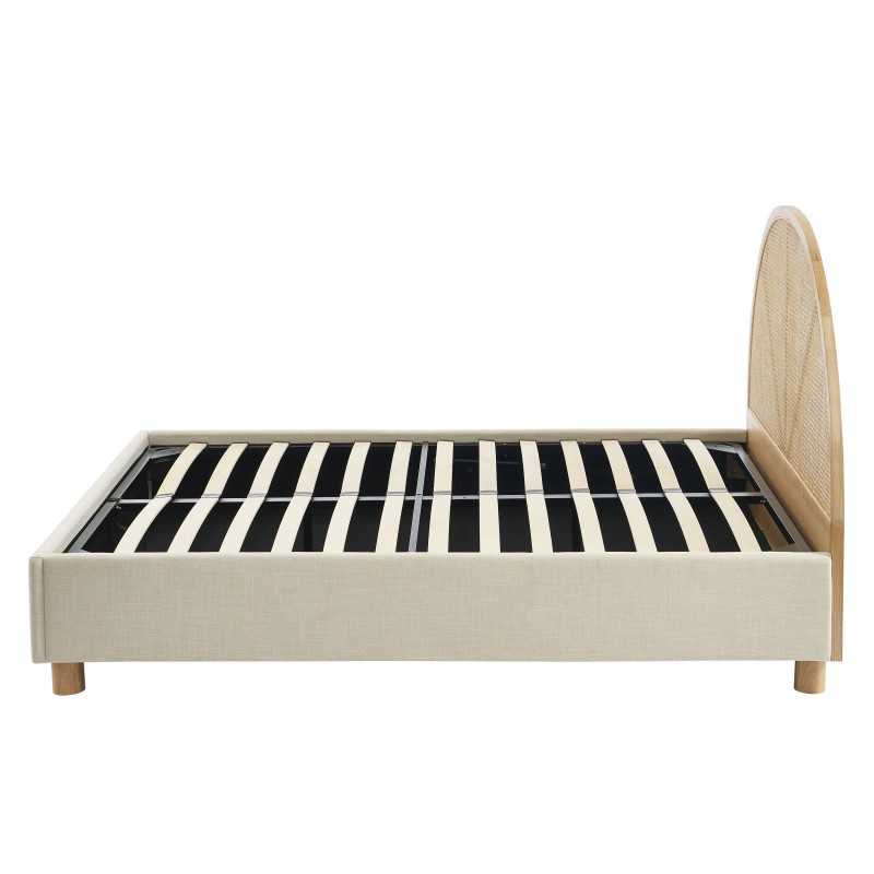 Lit coffre TSUKI tissu beige lin cannage sommier 160x200 inclus