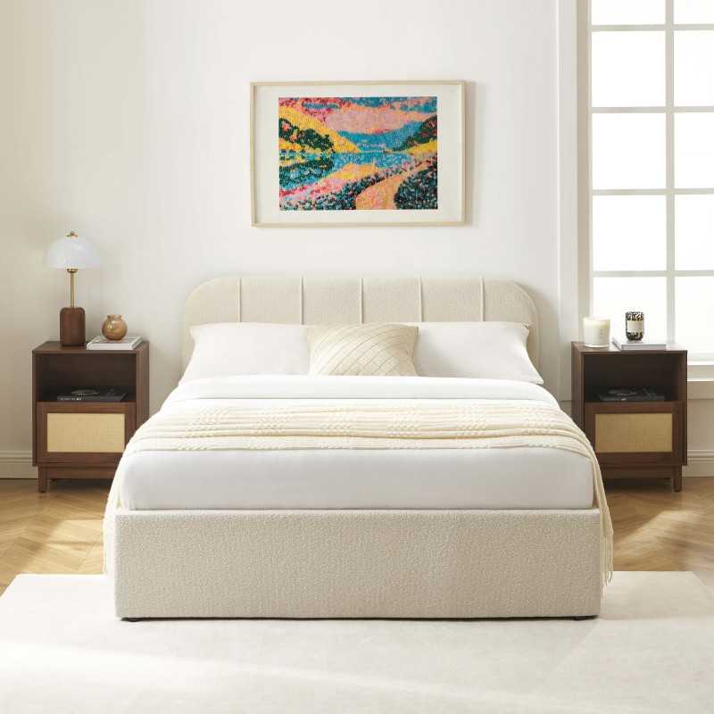 Lit coffre YUME tissu chenille beige 140x190 sommier inclus