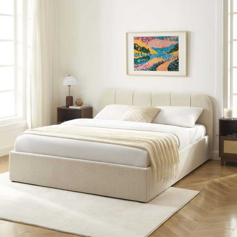 Lit coffre YUME tissu chenille beige 160x200 sommier inclus