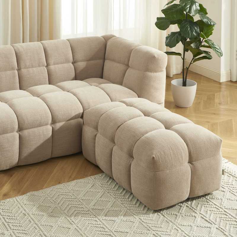 Ensemble canapé droit 3 places + pouf MOODY tissu lin beige