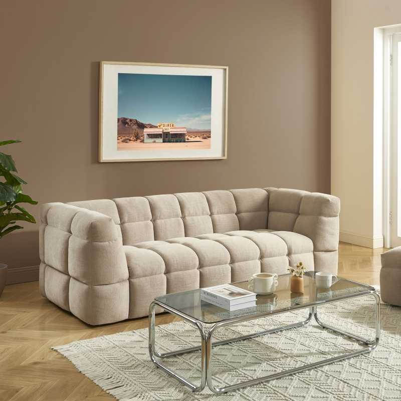 Ensemble canapé droit 3 places + pouf MOODY tissu lin beige