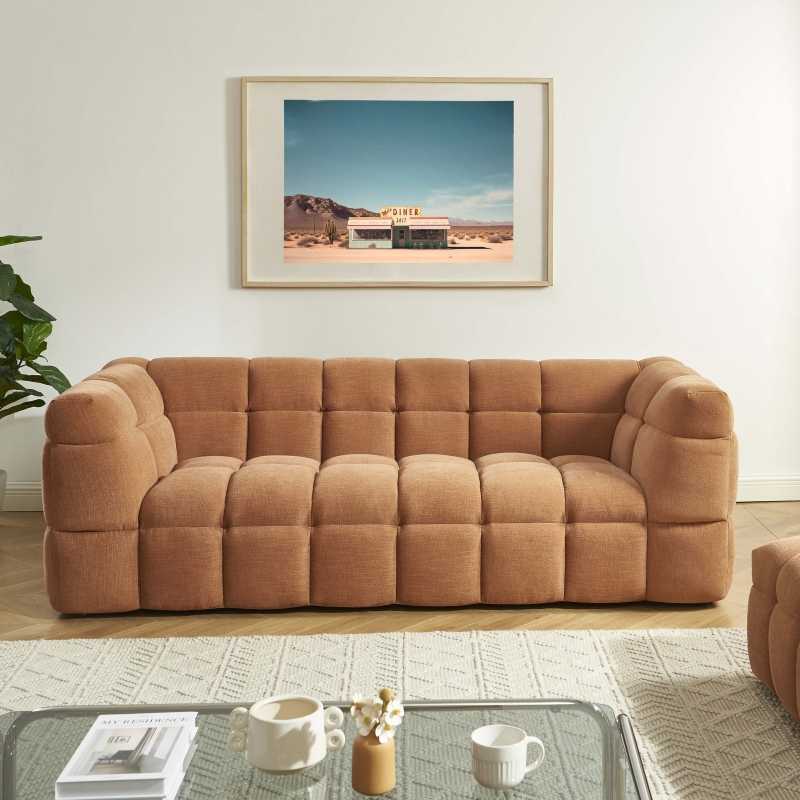 Ensemble canapé droit 3 places + pouf MOODY tissu lin écureuil