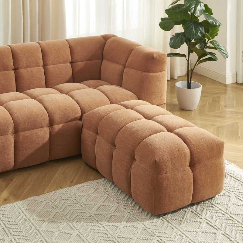 Ensemble canapé droit 3 places + pouf MOODY tissu lin écureuil