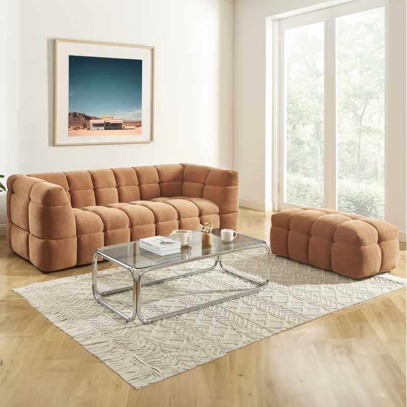 Ensemble canapé droit 3 places + pouf MOODY tissu lin écureuil