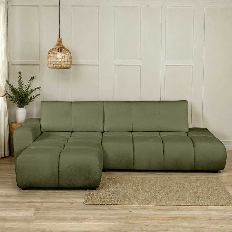 Canapé d'angle gauche convertible SORELLA 4 places tissu chenille vert kaki