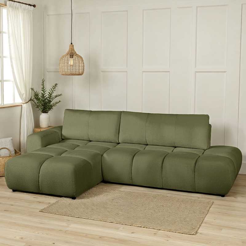 Canapé d'angle gauche convertible SORELLA 4 places tissu chenille vert kaki