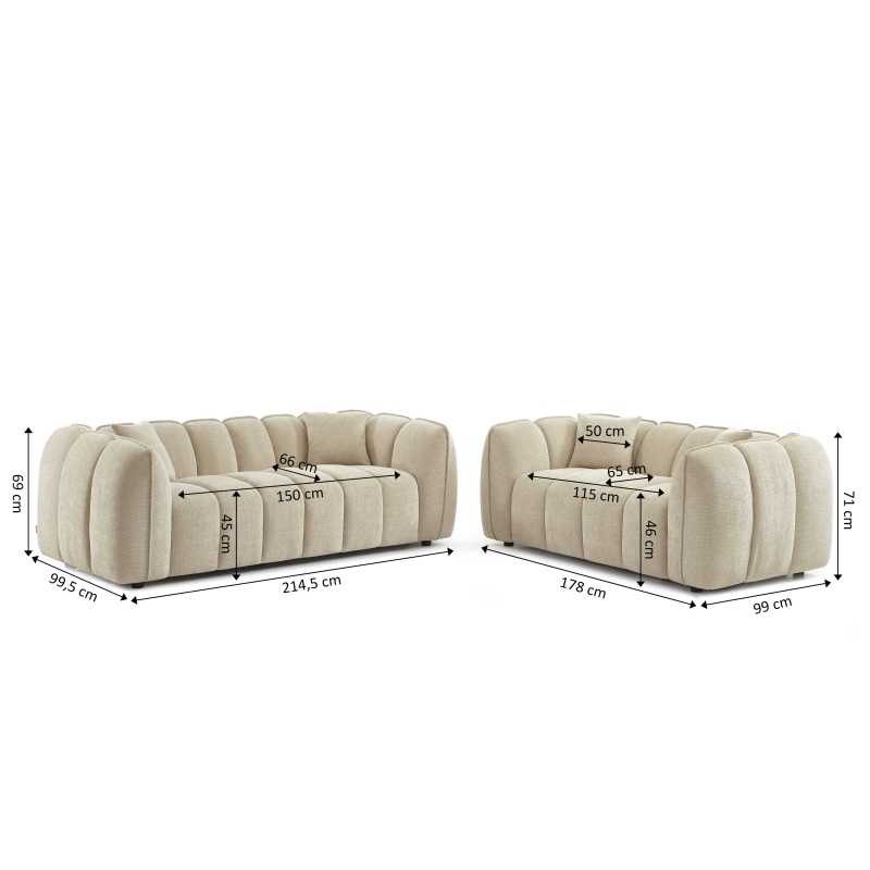Ensemble canapés droits fixes 3+2 MATILDA tissu chenille beige