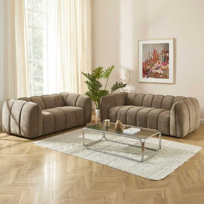 Ensemble canapés droits fixes 3+2 MATILDA tissu chenille marron