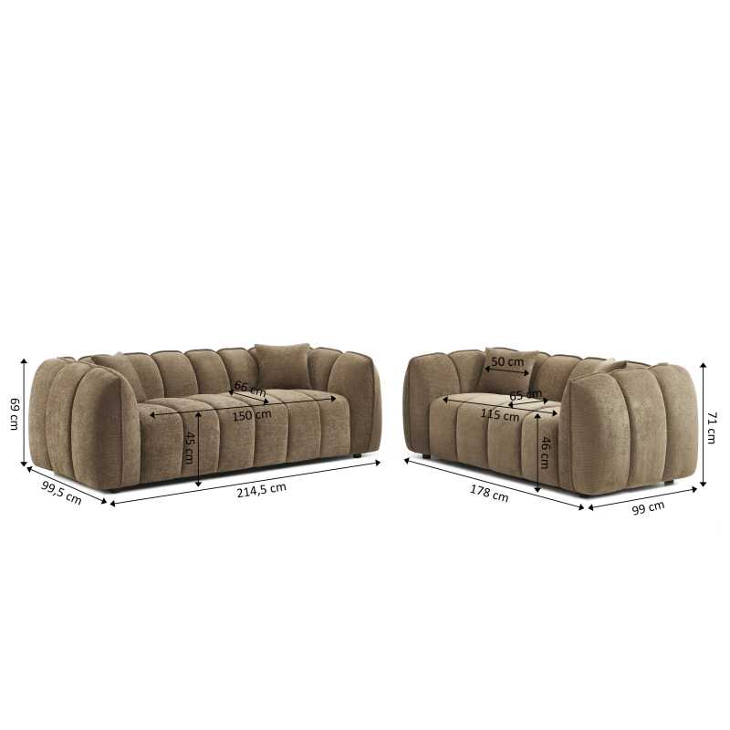 Ensemble canapés droits fixes 3+2 MATILDA tissu chenille marron