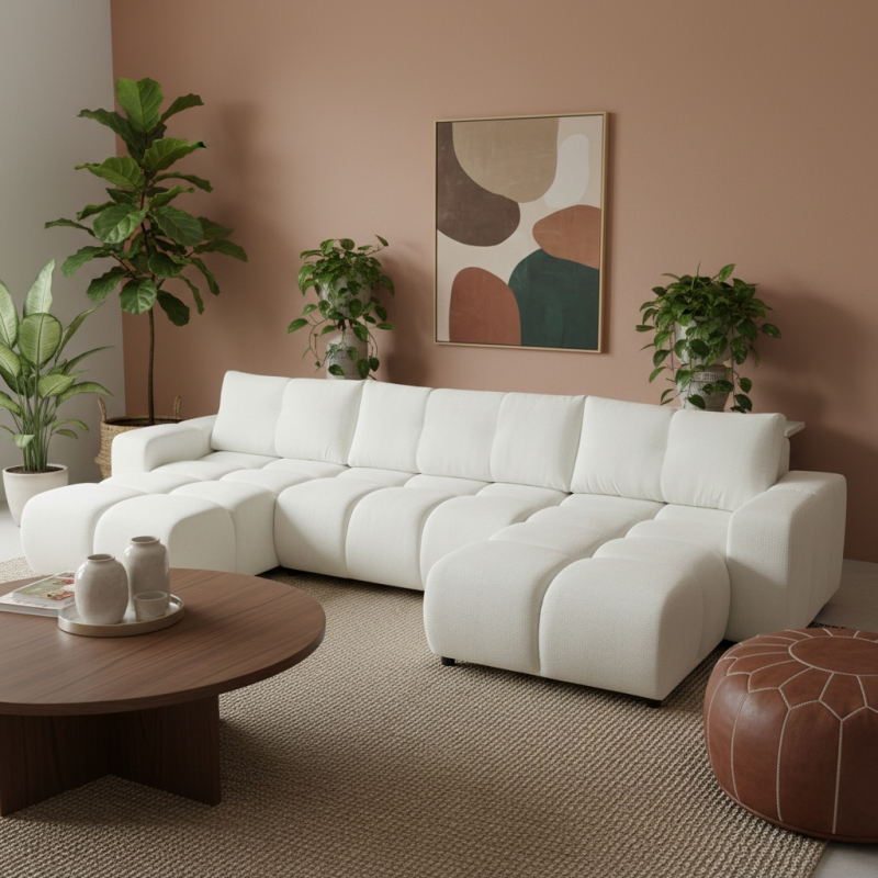 Canapé panoramique convertible SORELLA 6 places tissu chenille écru