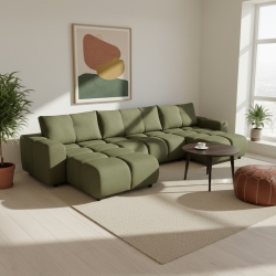 Canapé panoramique convertible SORELLA 6 places tissu chenille vert kaki