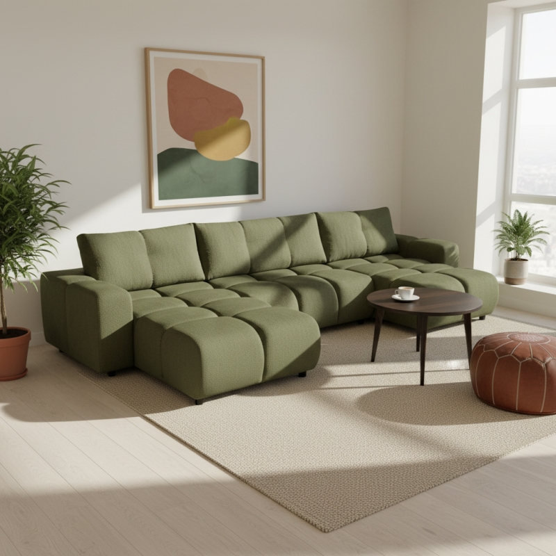 Canapé panoramique convertible SORELLA 6 places tissu chenille vert kaki