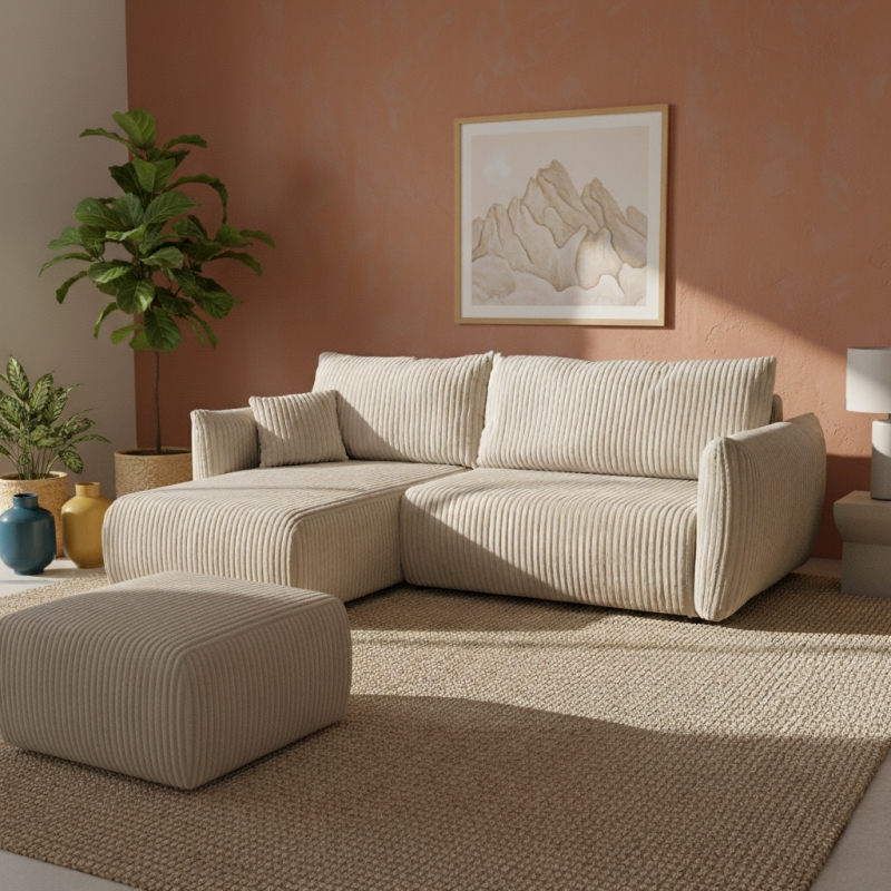 Canapé d'angle convertible et réversible GLORIA 4 places velours côtelé taupe