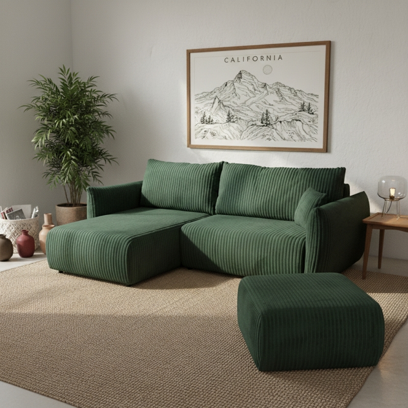 Canapé d'angle convertible et réversible GLORIA 4 places velours côtelé vert kaki