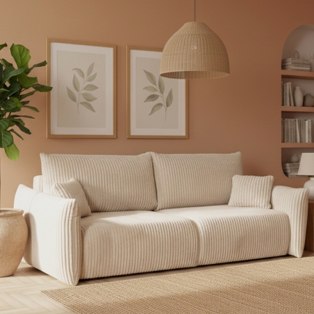 Canapé droit convertible GLORIA 3 places velours côtelé écru