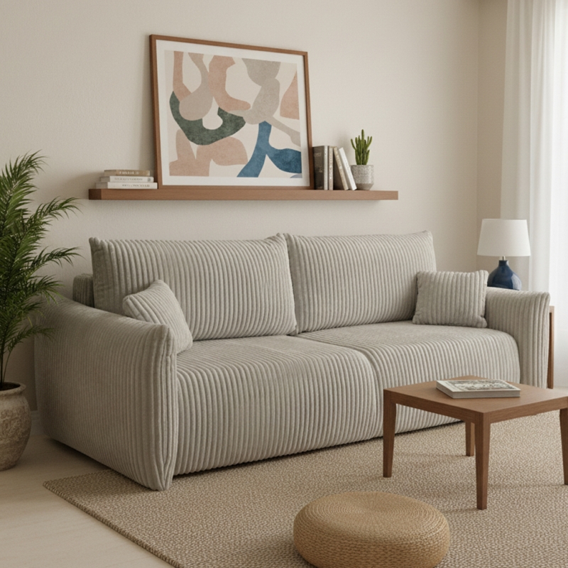 Canapé droit convertible GLORIA 3 places velours côtelé taupe