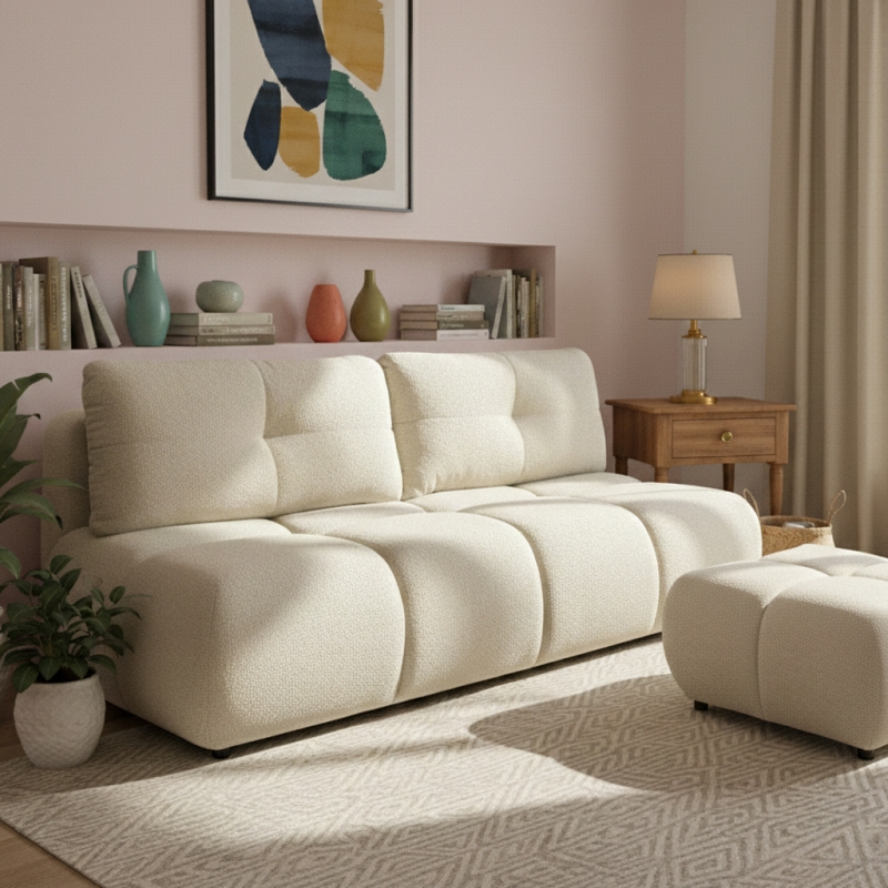 Canapé droit convertible TASCA 3 places tissu bouclette grège