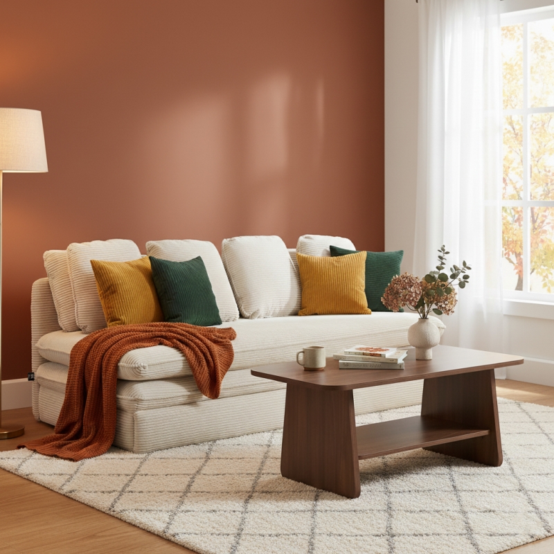 Banquette convertible NOMA 3 places velours côtelé écru