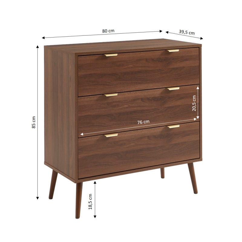 Commode JEANNE 3 tiroirs effet noyer 80cm